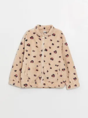 High Collar Patterned Long Sleeve Plush Girls Zippered Sweatshirt