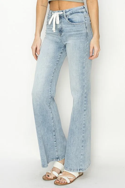 HIGH RISE FRONT DRAW STRING WIDE RELAXED JEANS