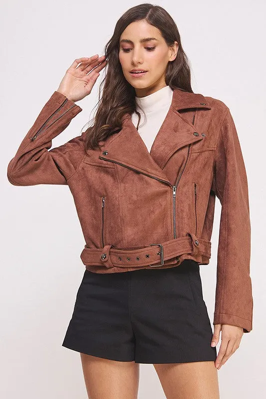 Highway Honey BELTED LONG SLEEVE SUEDE MOTO JACKET