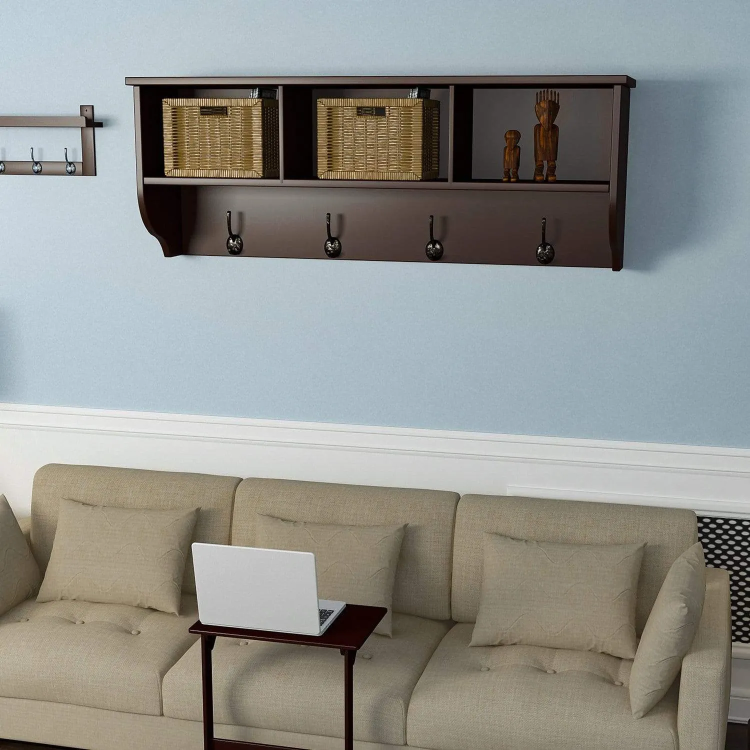 Homfa Hanging Entryway Shelf, 38.6 in Wall Mounted Storage Cabinets Coat Rack with 4 Dual Hooks Wood Modern Display Home Decor Furniture, Espresso