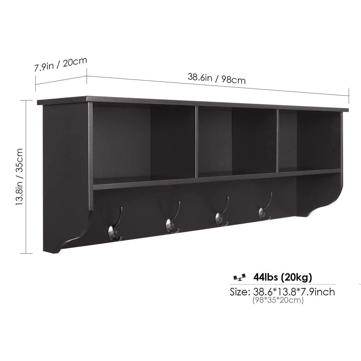 Homfa Hanging Entryway Shelf, 38.6 in Wall Mounted Storage Cabinets Coat Rack with 4 Dual Hooks Wood Modern Display Home Decor Furniture, Espresso
