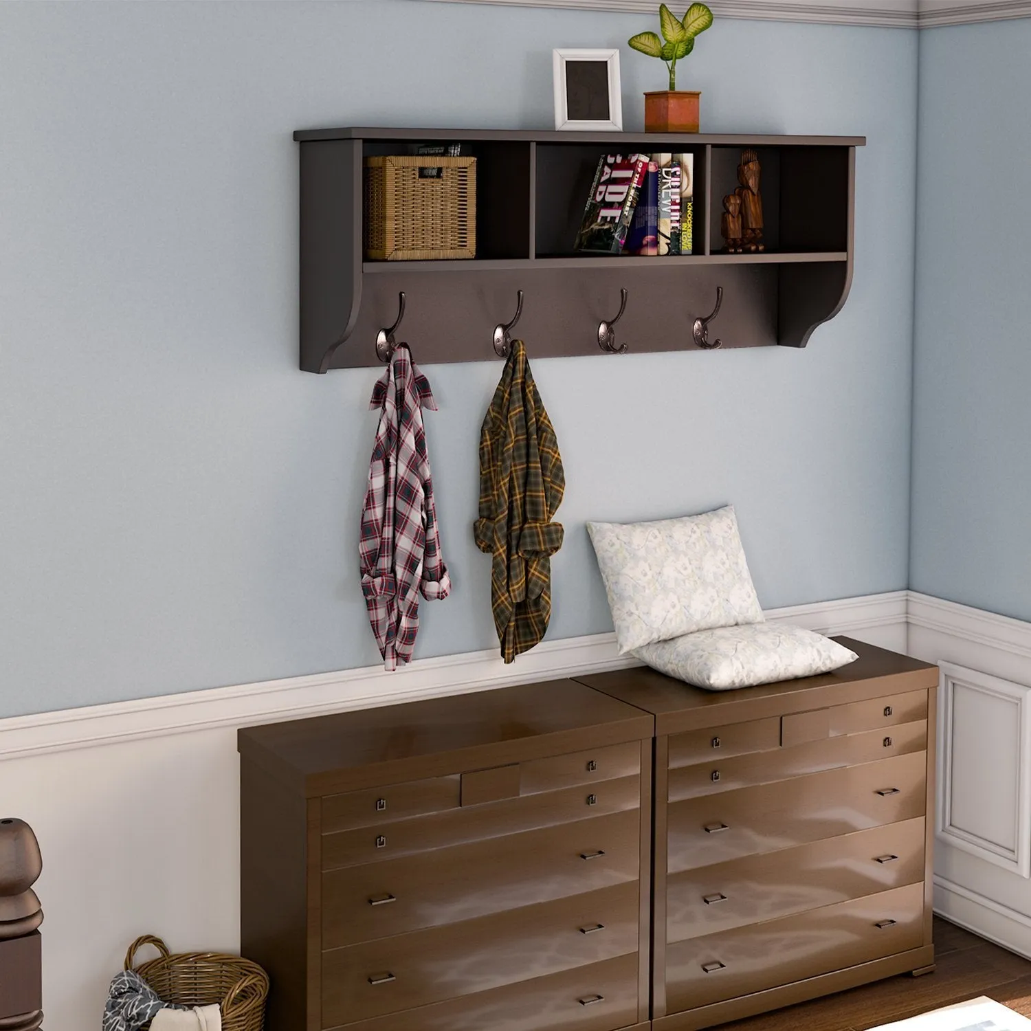 Homfa Hanging Entryway Shelf, 38.6 in Wall Mounted Storage Cabinets Coat Rack with 4 Dual Hooks Wood Modern Display Home Decor Furniture, Espresso