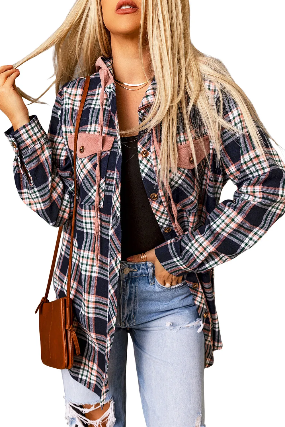 Hooded Drawstring Plaid Shacket