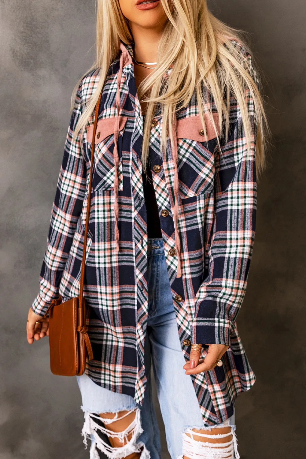 Hooded Drawstring Plaid Shacket