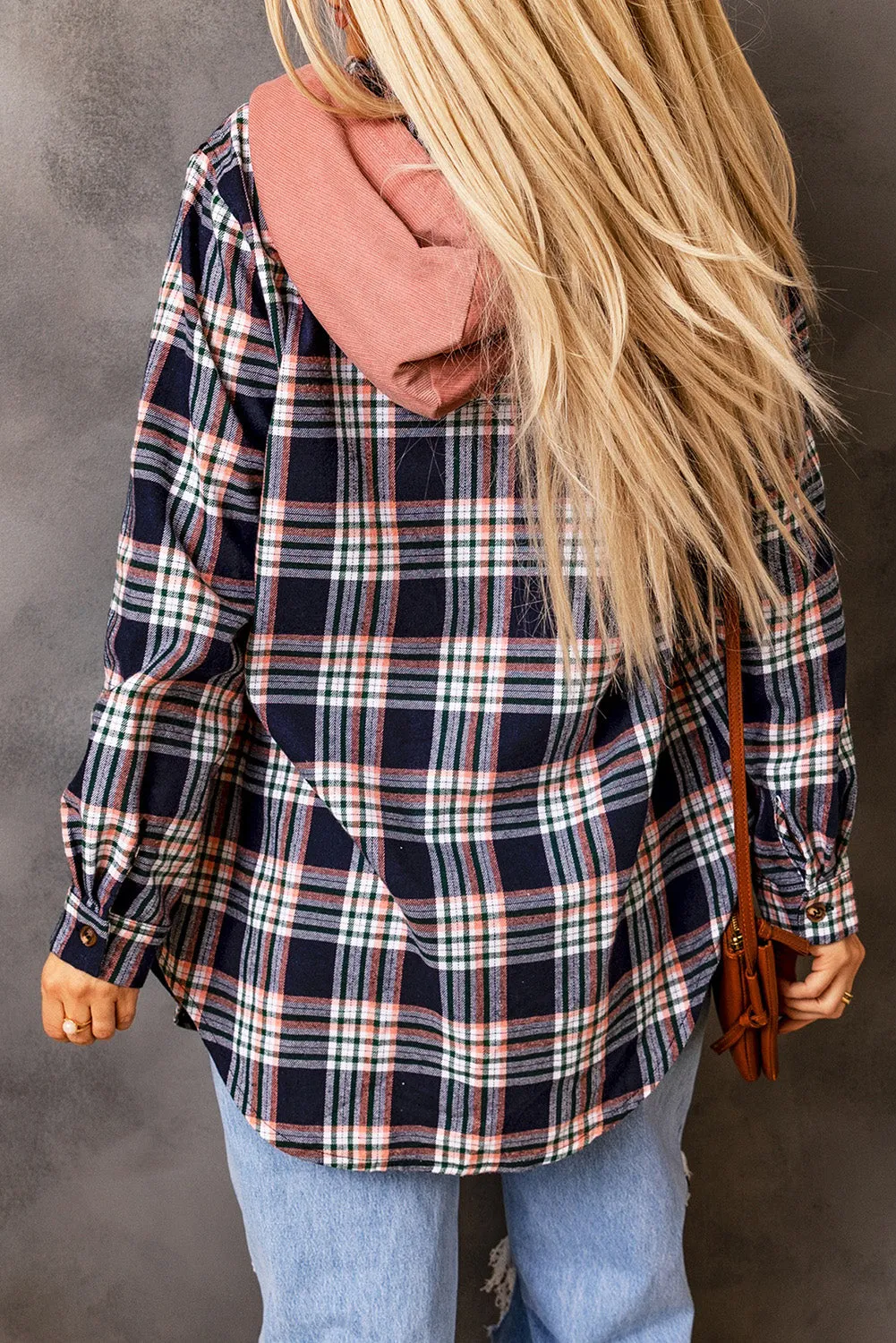 Hooded Drawstring Plaid Shacket