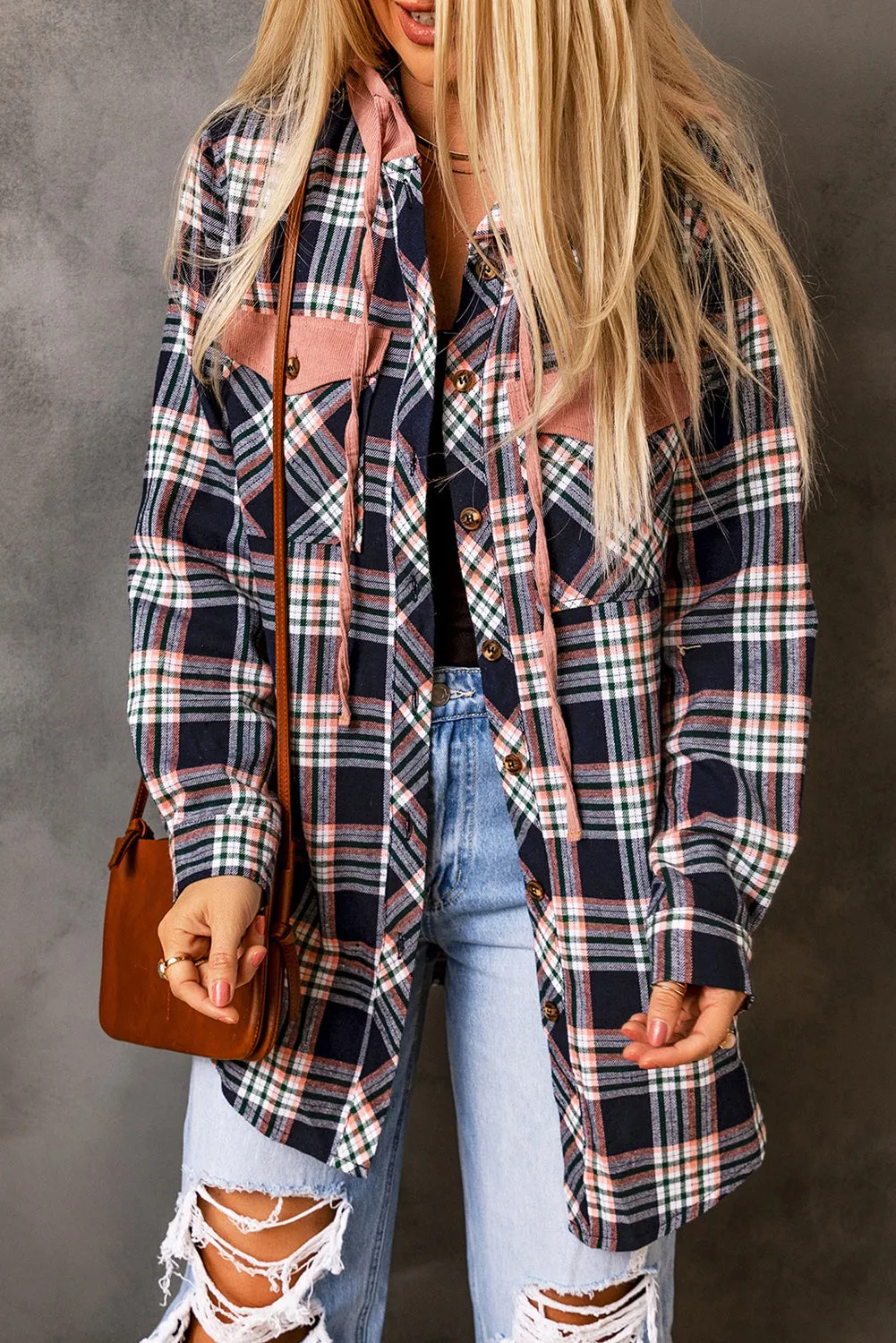 Hooded Drawstring Plaid Shacket