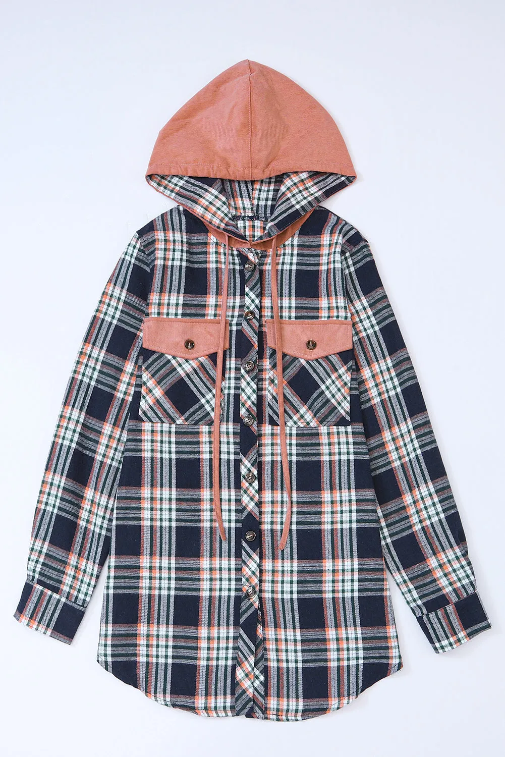 Hooded Drawstring Plaid Shacket
