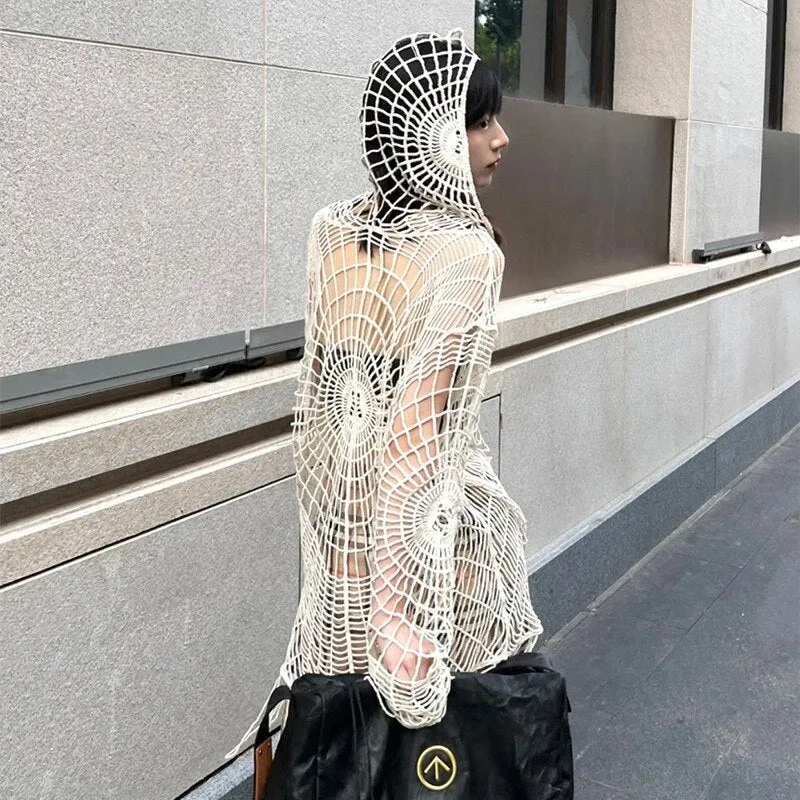 Hooded Knitwear Pullover Spider Web Hole Jumpers Irregular Hollow Out Pullover Grunge