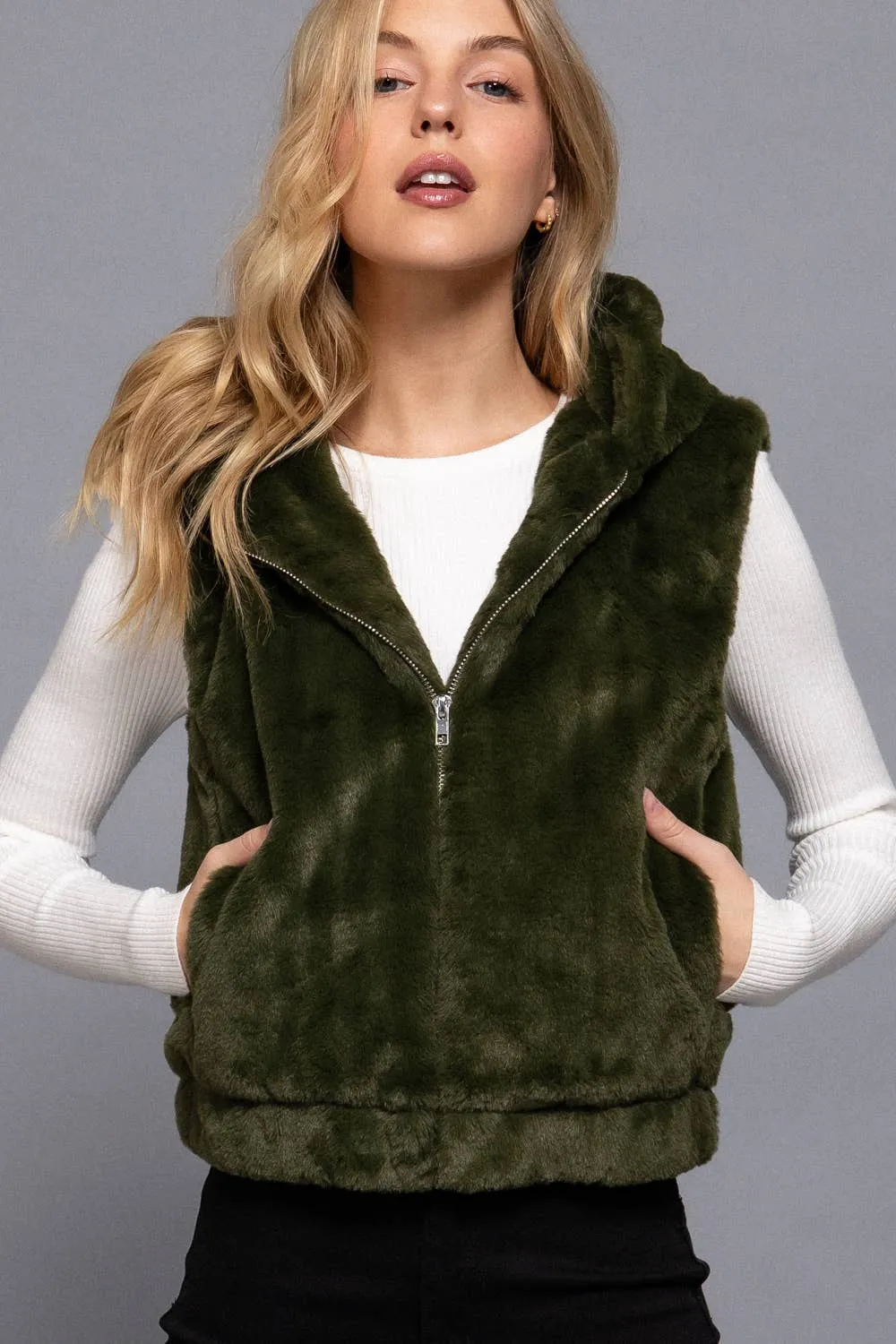 Hoodie Faux Fur Vest: Red