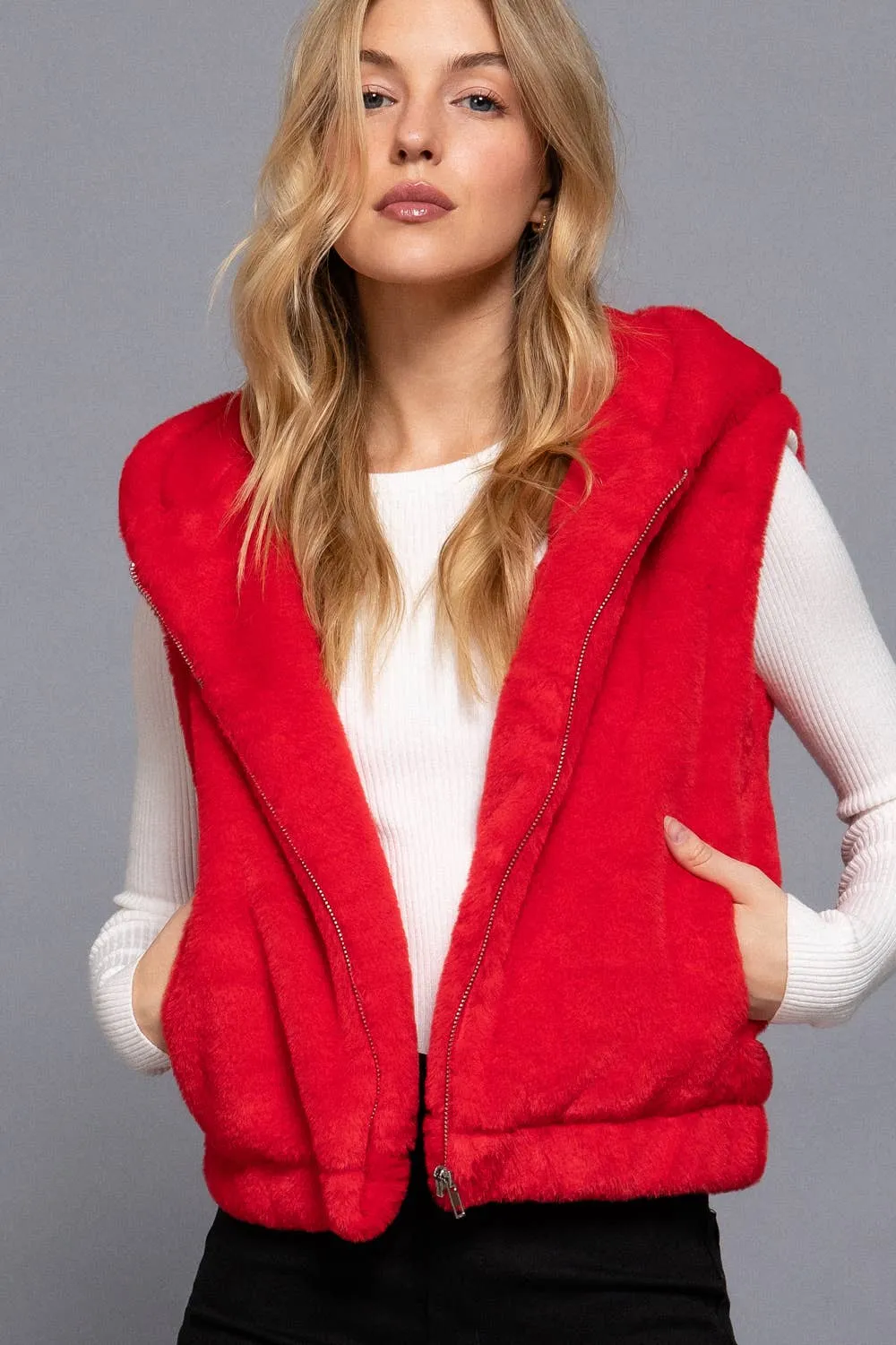 Hoodie Faux Fur Vest: Red