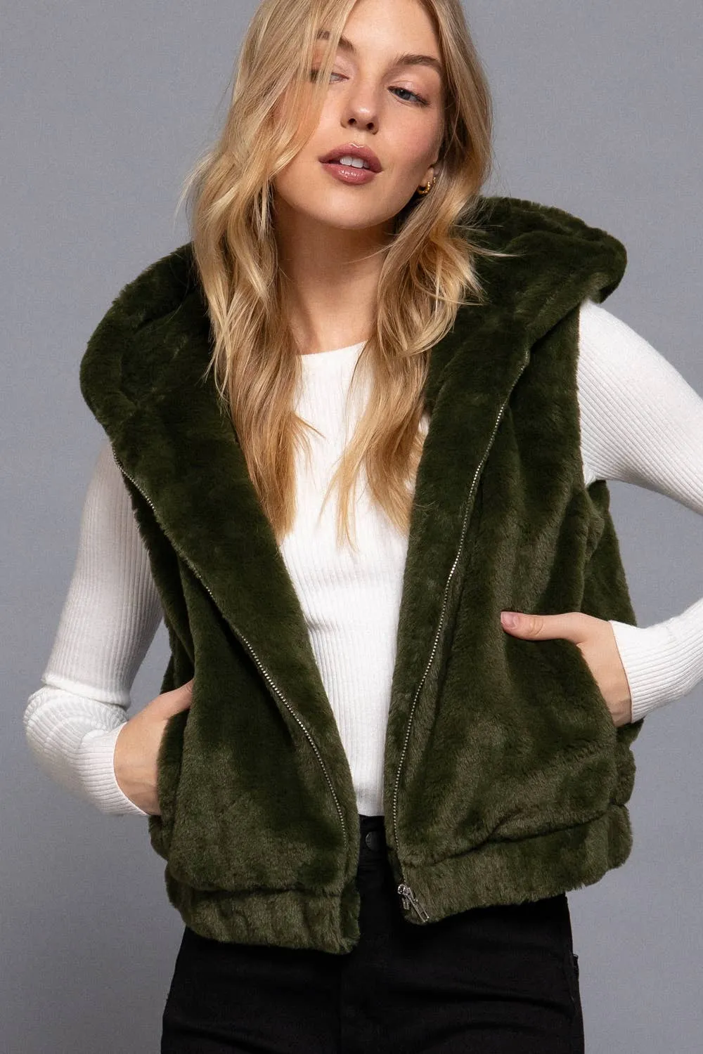 Hoodie Faux Fur Vest: Red