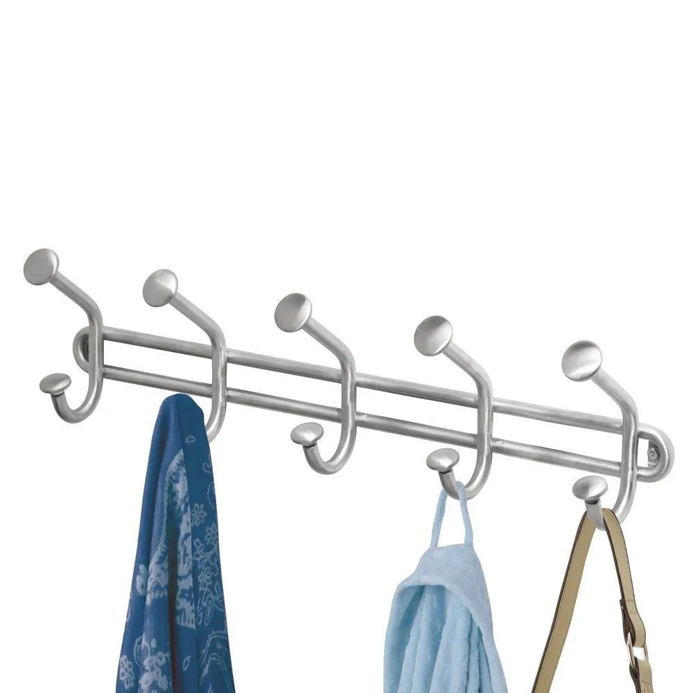 InterDesign Forma Wall Mount Storage Rack – Hanging Hooks for Jackets, Coats, Hats and Scarves - 5 Dual Hooks, Brushed Stainless Steel