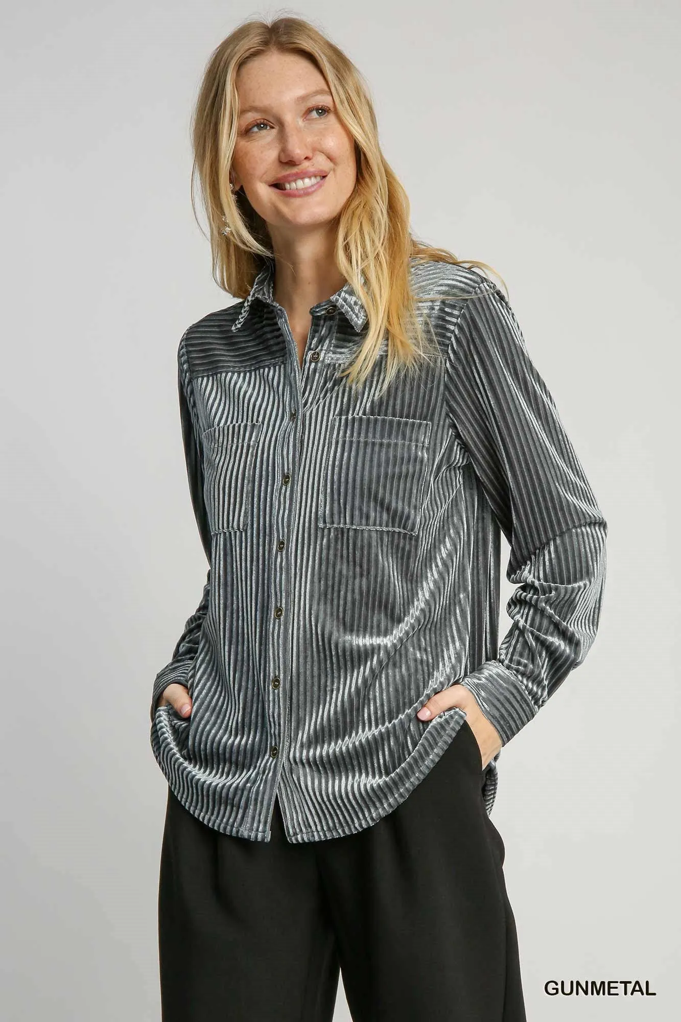 Jeffrey Velvet Collared Top - Gunmetal