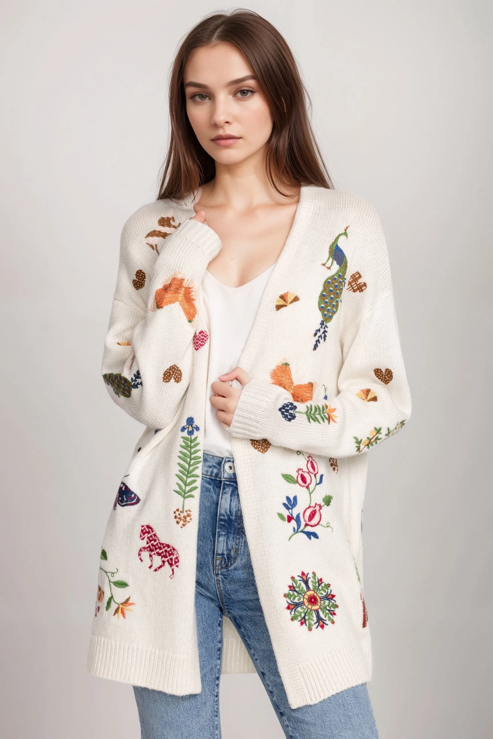 Johnny Was Ivory Adela Embroidered Long Cardigan M60624-I