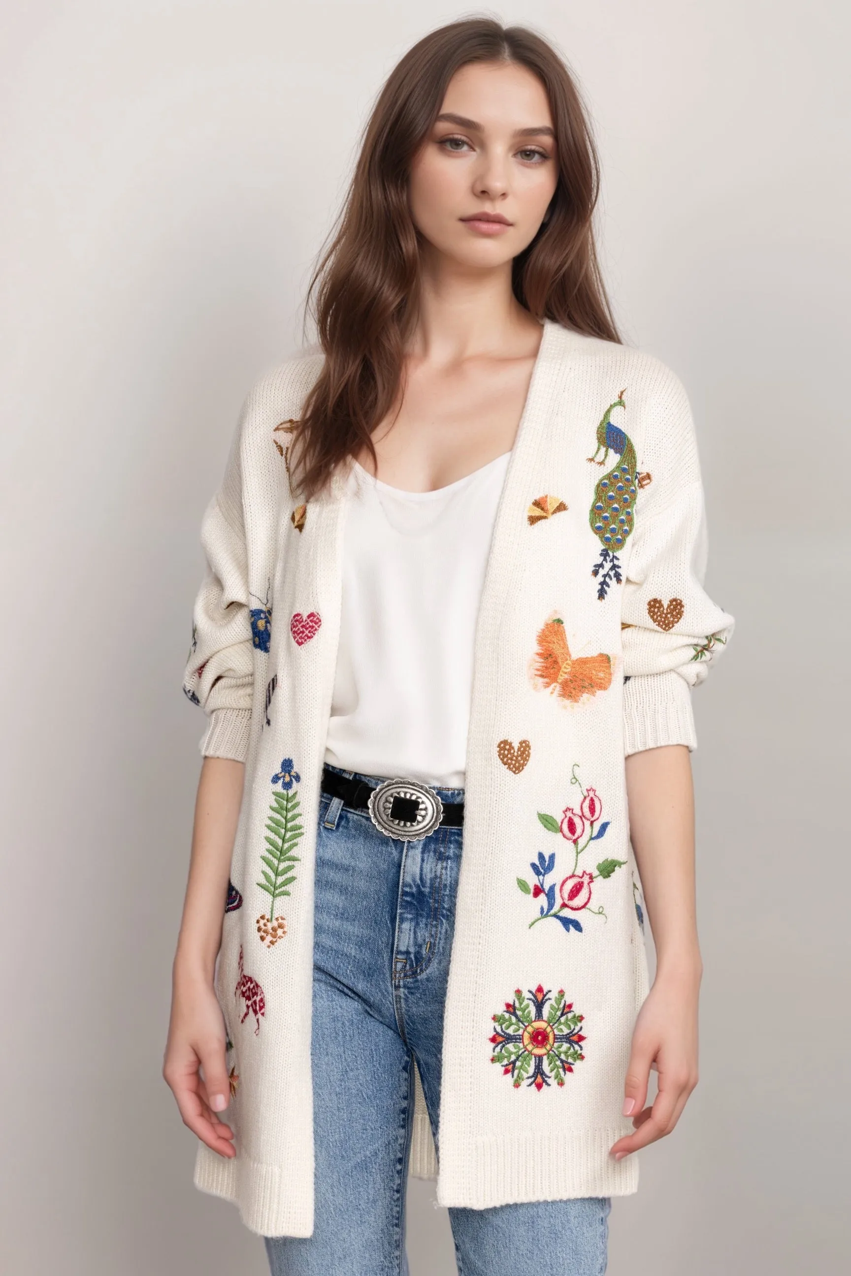 Johnny Was Ivory Adela Embroidered Long Cardigan M60624-I