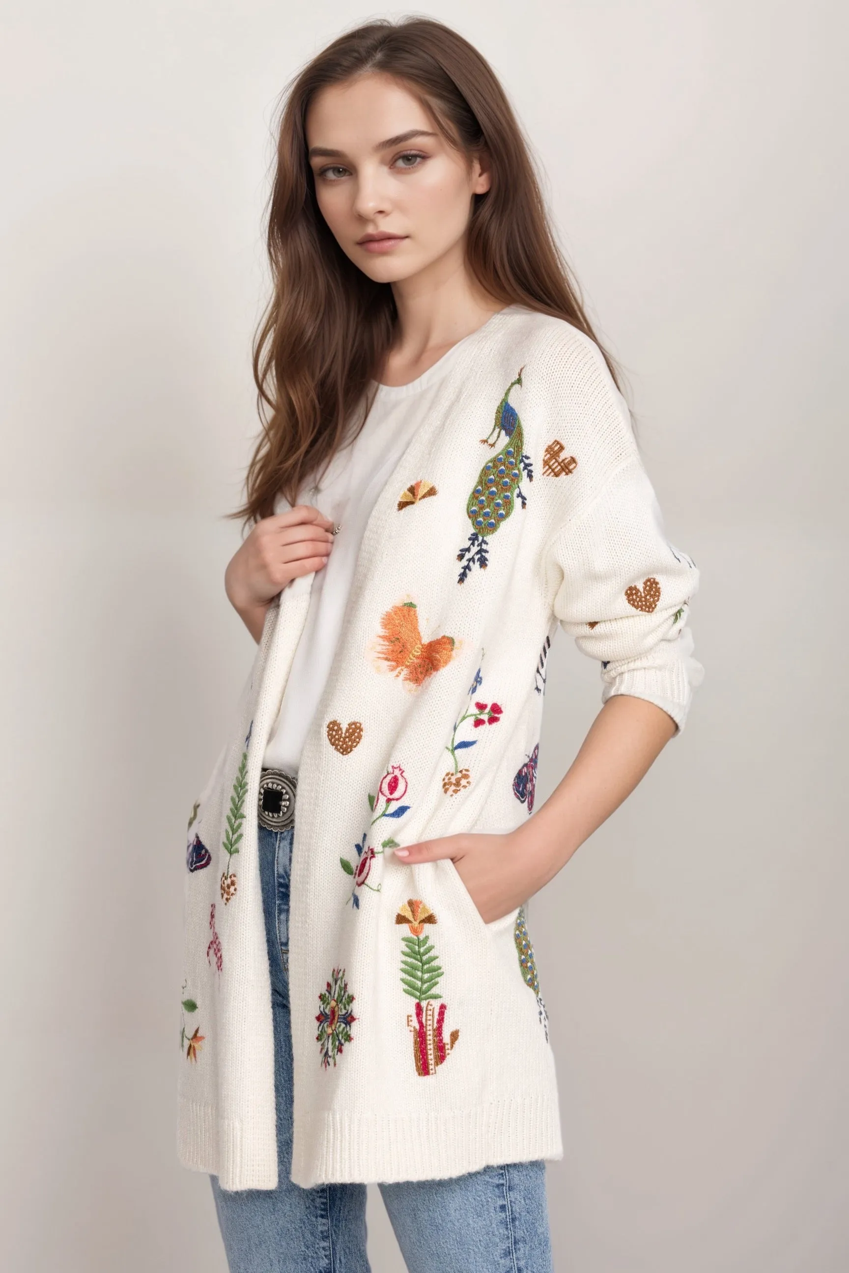 Johnny Was Ivory Adela Embroidered Long Cardigan M60624-I