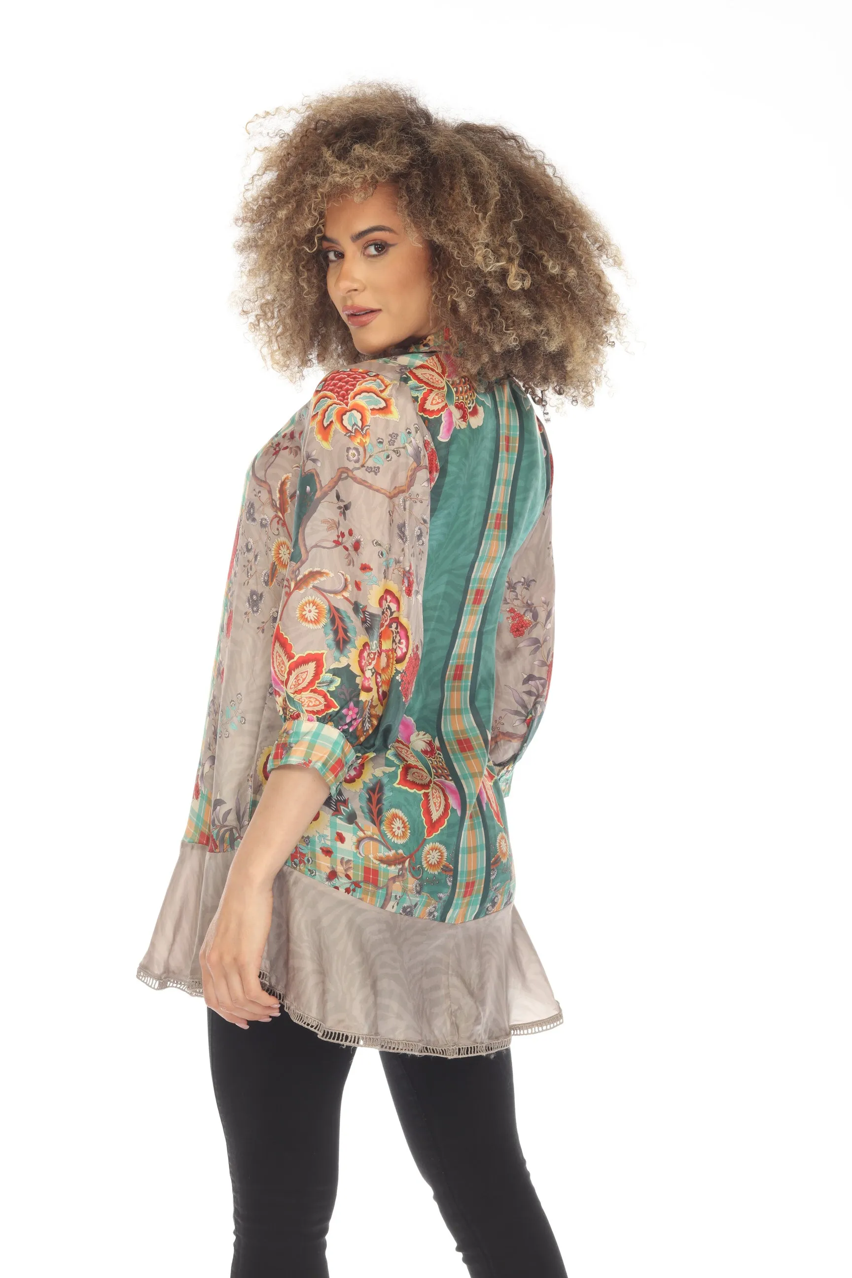 Johnny Was Orizaba Sednea Silk Printed Button Front Tunic Top Boho Chic C27623