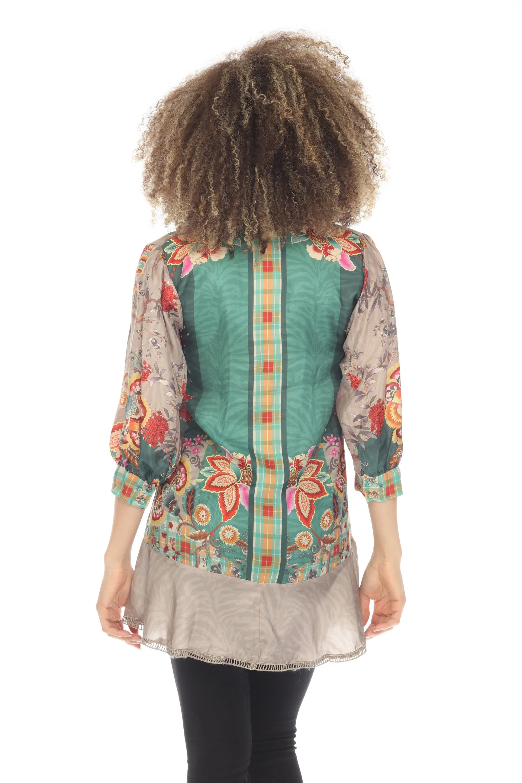 Johnny Was Orizaba Sednea Silk Printed Button Front Tunic Top Boho Chic C27623
