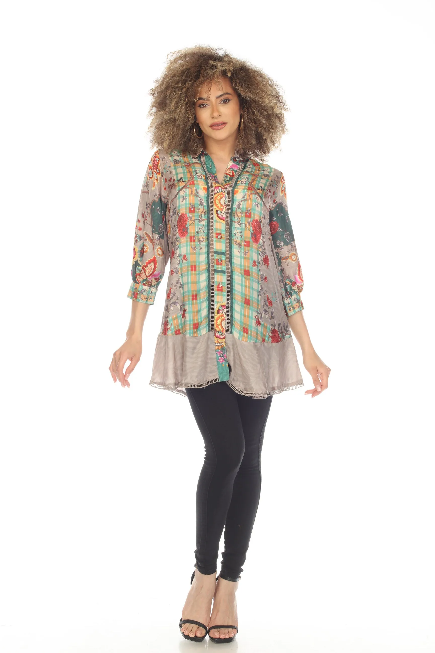 Johnny Was Orizaba Sednea Silk Printed Button Front Tunic Top Boho Chic C27623