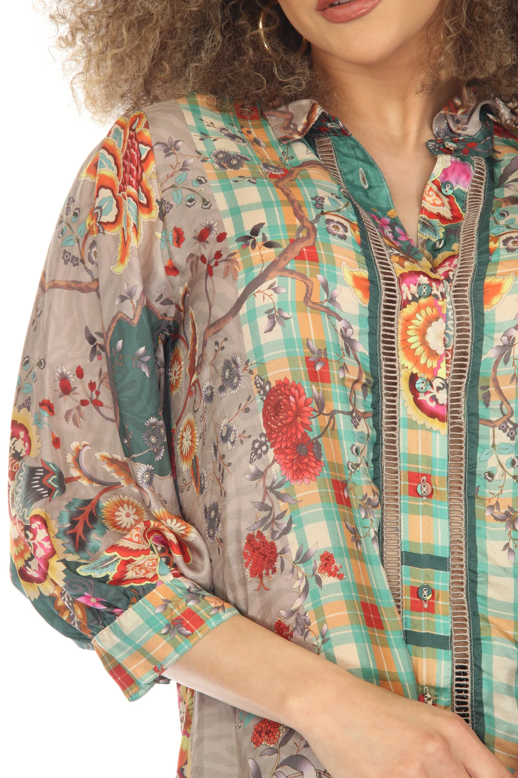 Johnny Was Orizaba Sednea Silk Printed Button Front Tunic Top Boho Chic C27623