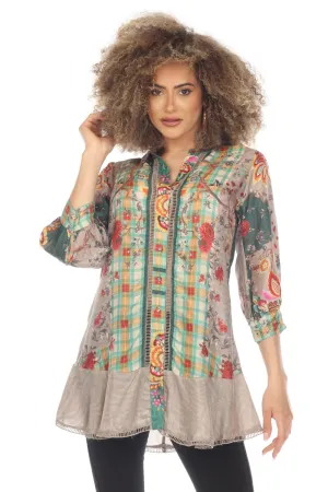 Johnny Was Orizaba Sednea Silk Printed Button Front Tunic Top Boho Chic C27623