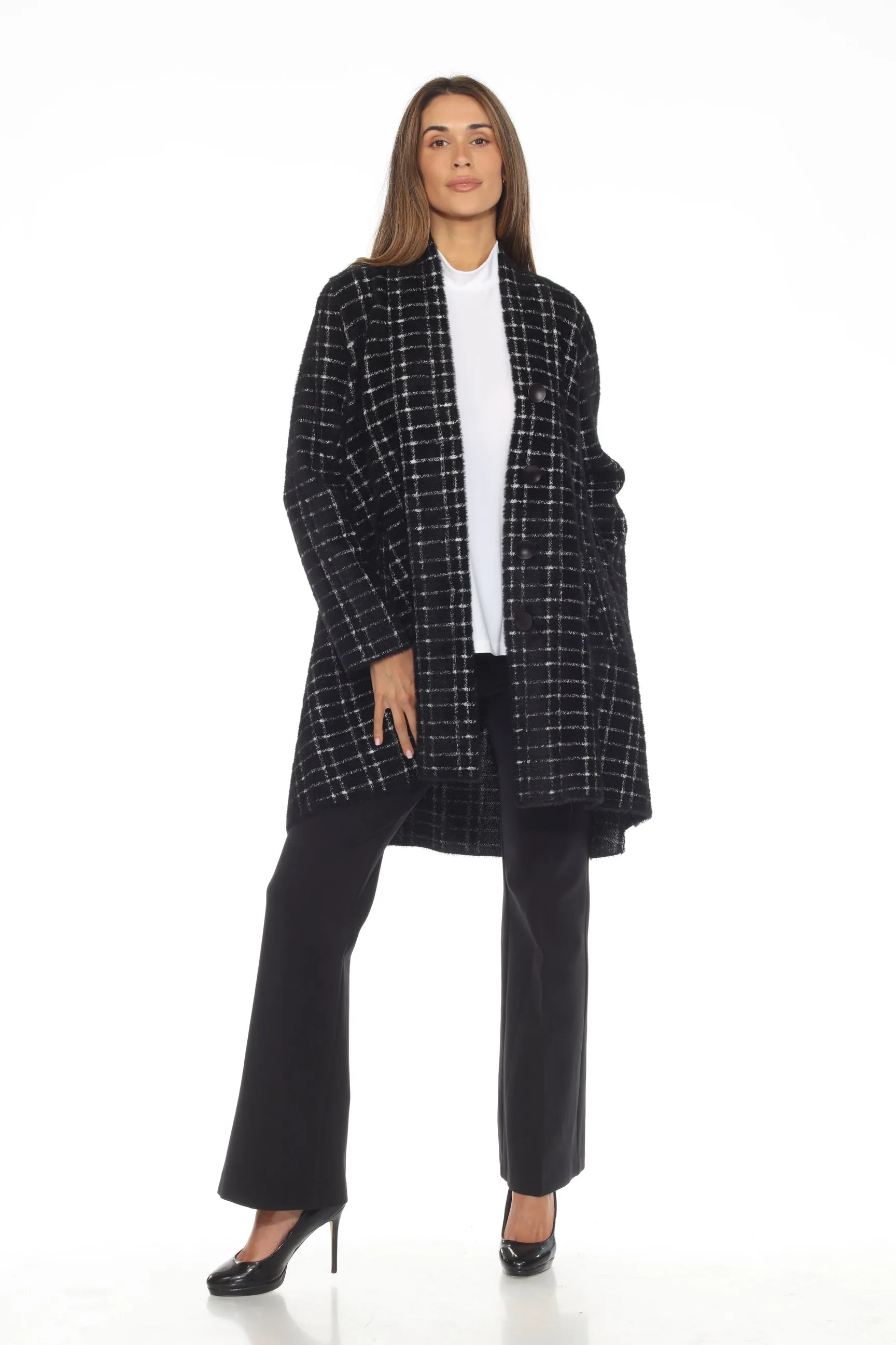 Joseph Ribkoff Black/White Plaid Feather Yarn Jacquard Flared Coat 243924