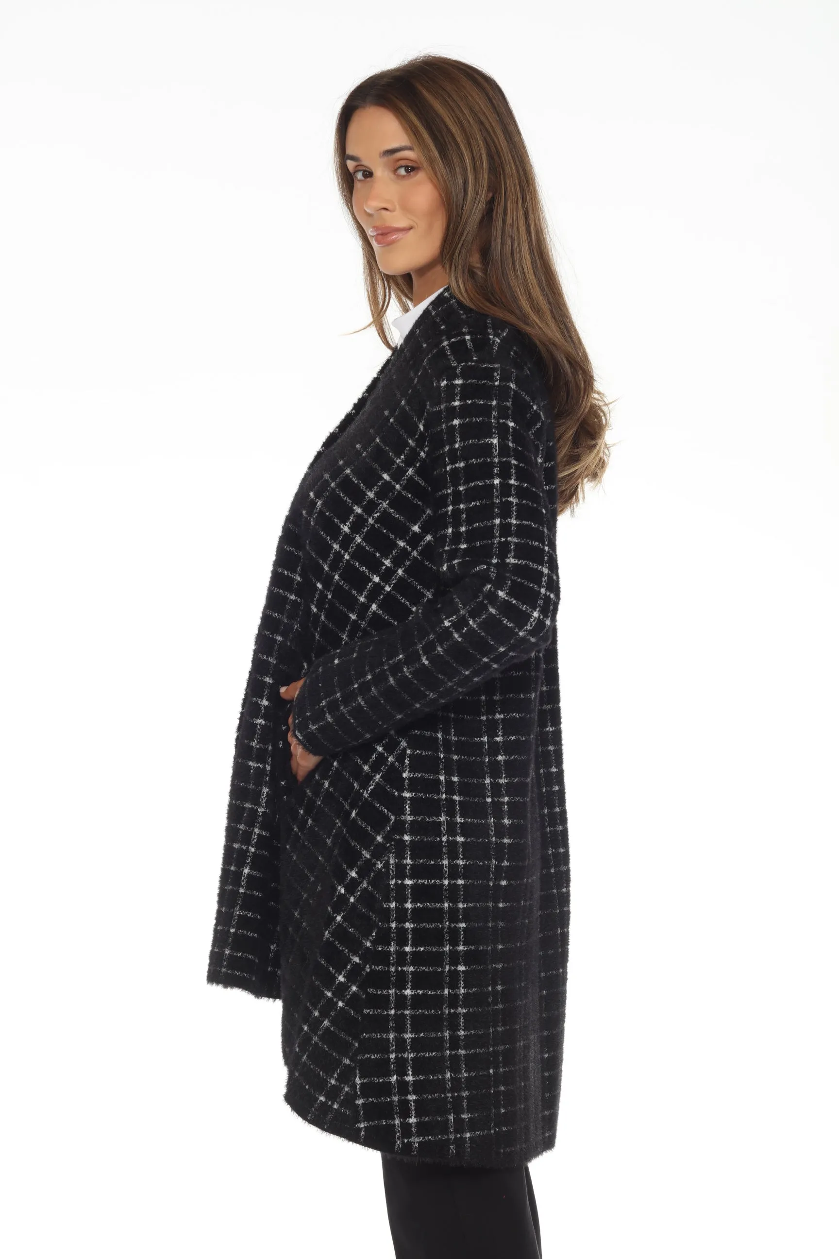 Joseph Ribkoff Black/White Plaid Feather Yarn Jacquard Flared Coat 243924