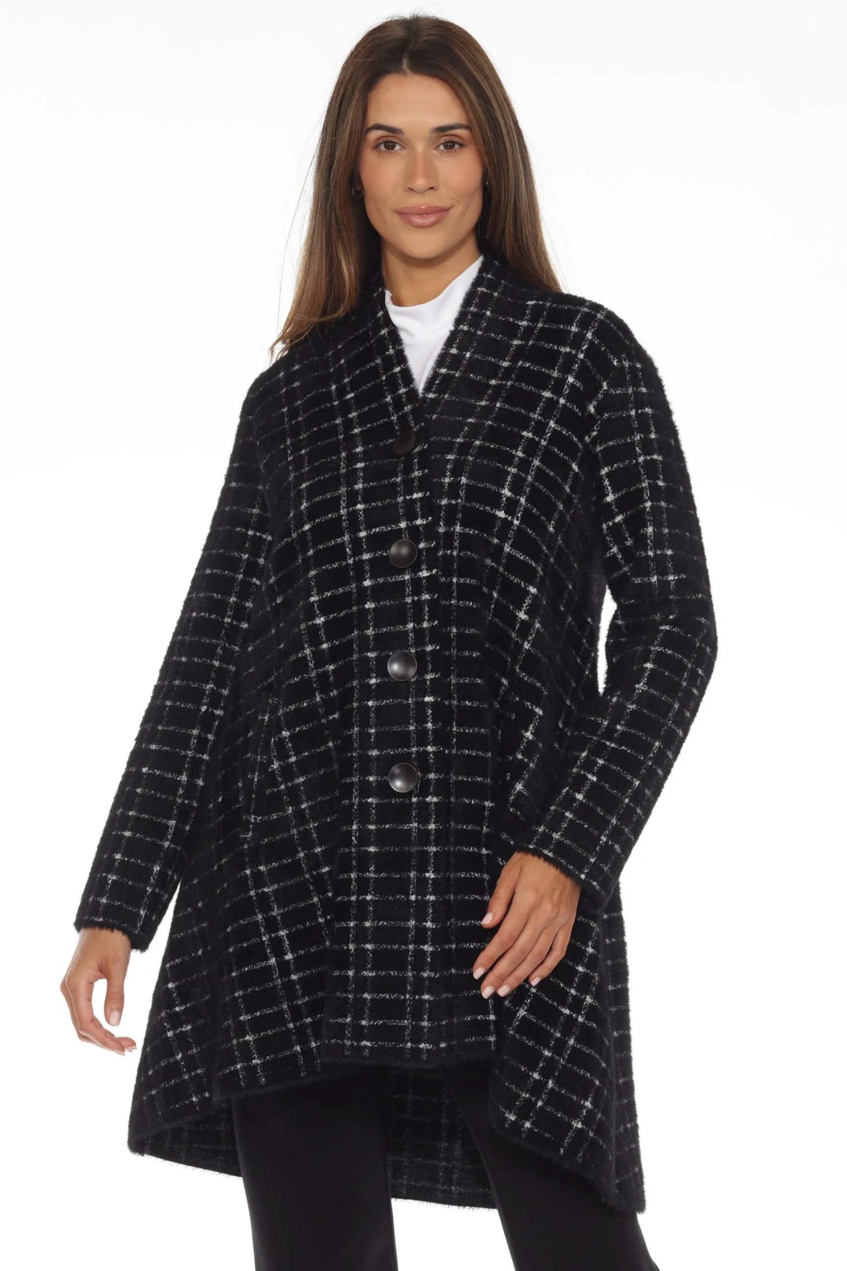 Joseph Ribkoff Black/White Plaid Feather Yarn Jacquard Flared Coat 243924