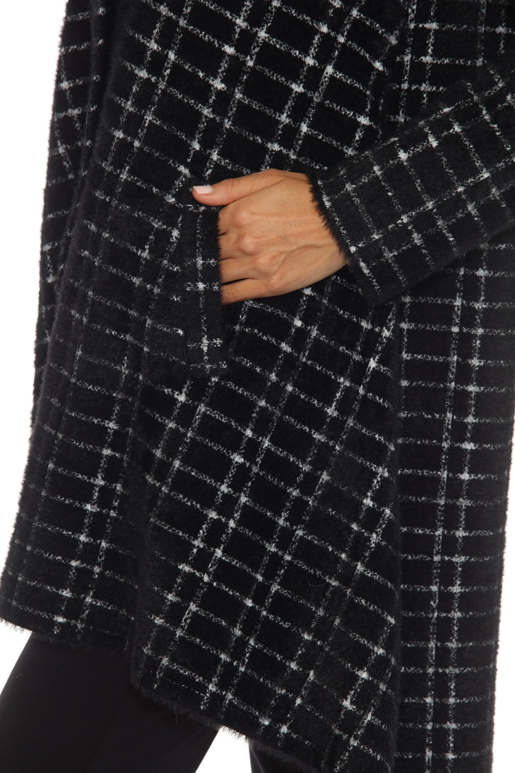 Joseph Ribkoff Black/White Plaid Feather Yarn Jacquard Flared Coat 243924