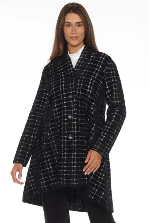 Joseph Ribkoff Black/White Plaid Feather Yarn Jacquard Flared Coat 243924