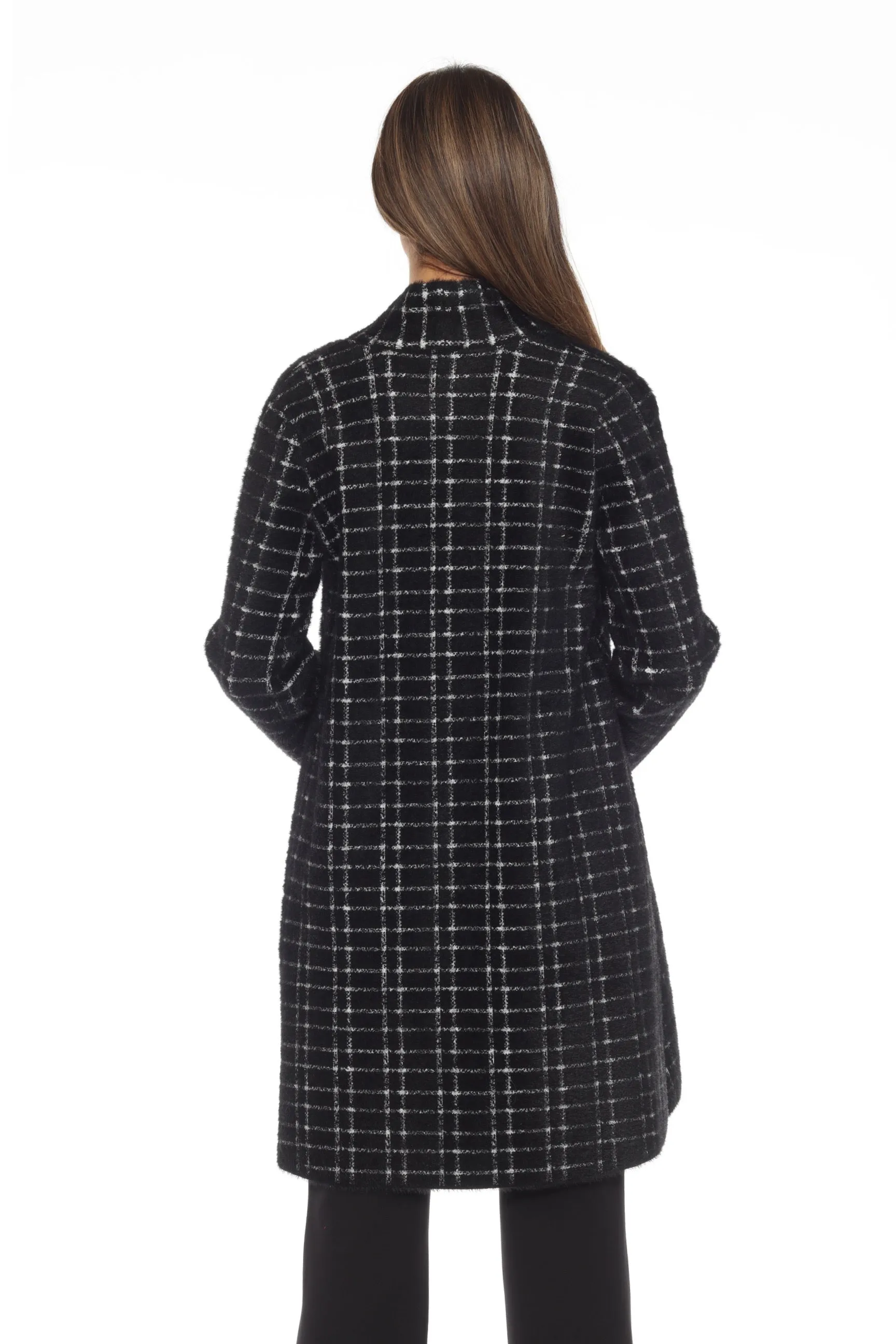 Joseph Ribkoff Black/White Plaid Feather Yarn Jacquard Flared Coat 243924
