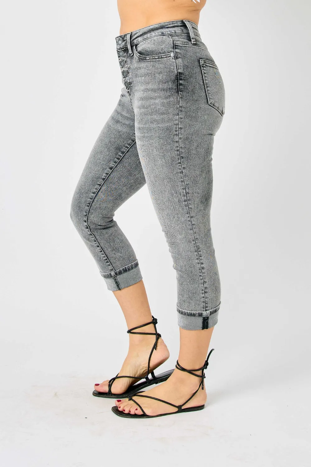 Judy Blue Full Run Size Button Fly High Waist Cuffed Capris