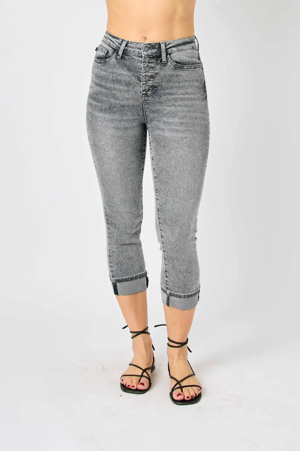 Judy Blue Full Run Size Button Fly High Waist Cuffed Capris