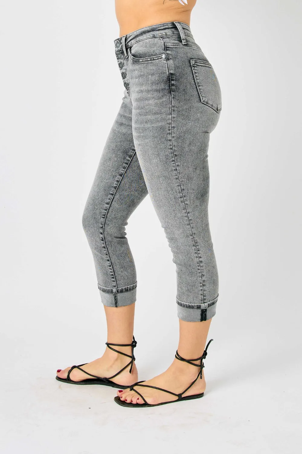 Judy Blue Full Run Size Button Fly High Waist Cuffed Capris