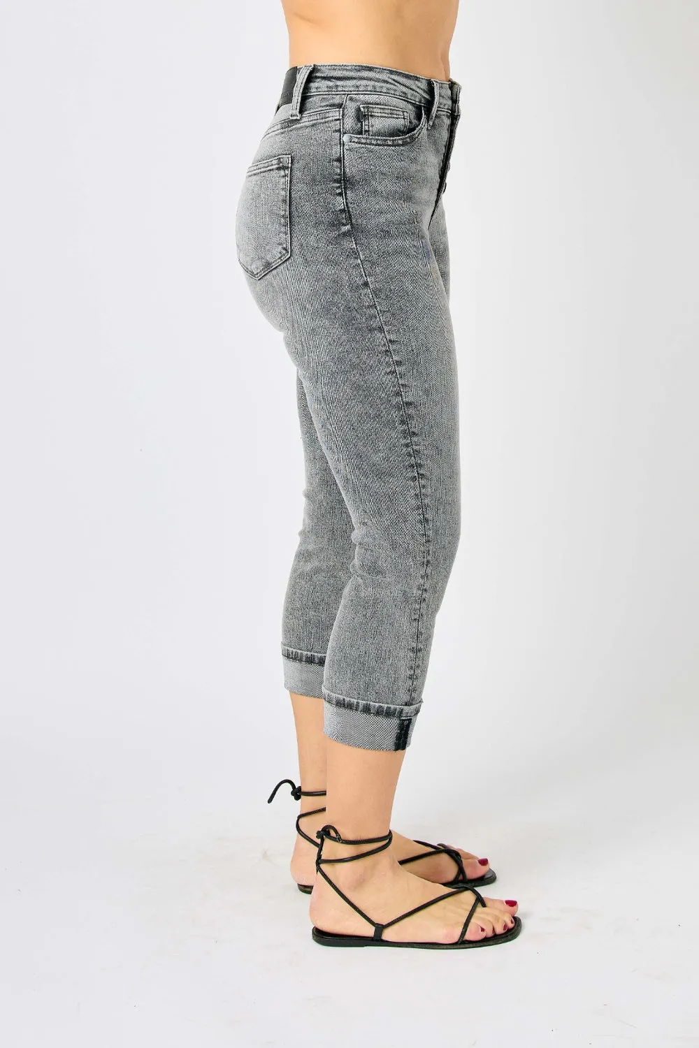 Judy Blue Full Run Size Button Fly High Waist Cuffed Capris