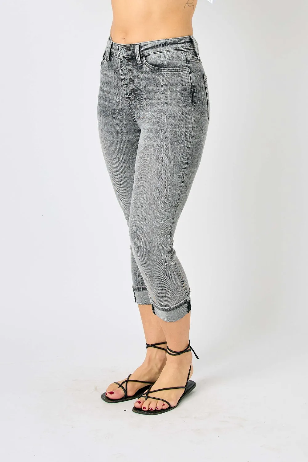 Judy Blue Full Run Size Button Fly High Waist Cuffed Capris