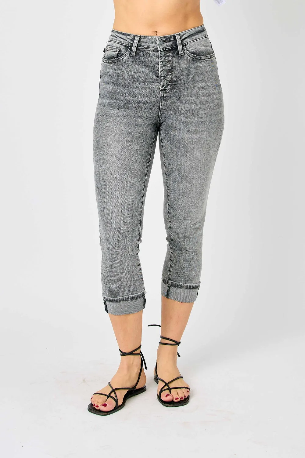 Judy Blue Full Run Size Button Fly High Waist Cuffed Capris
