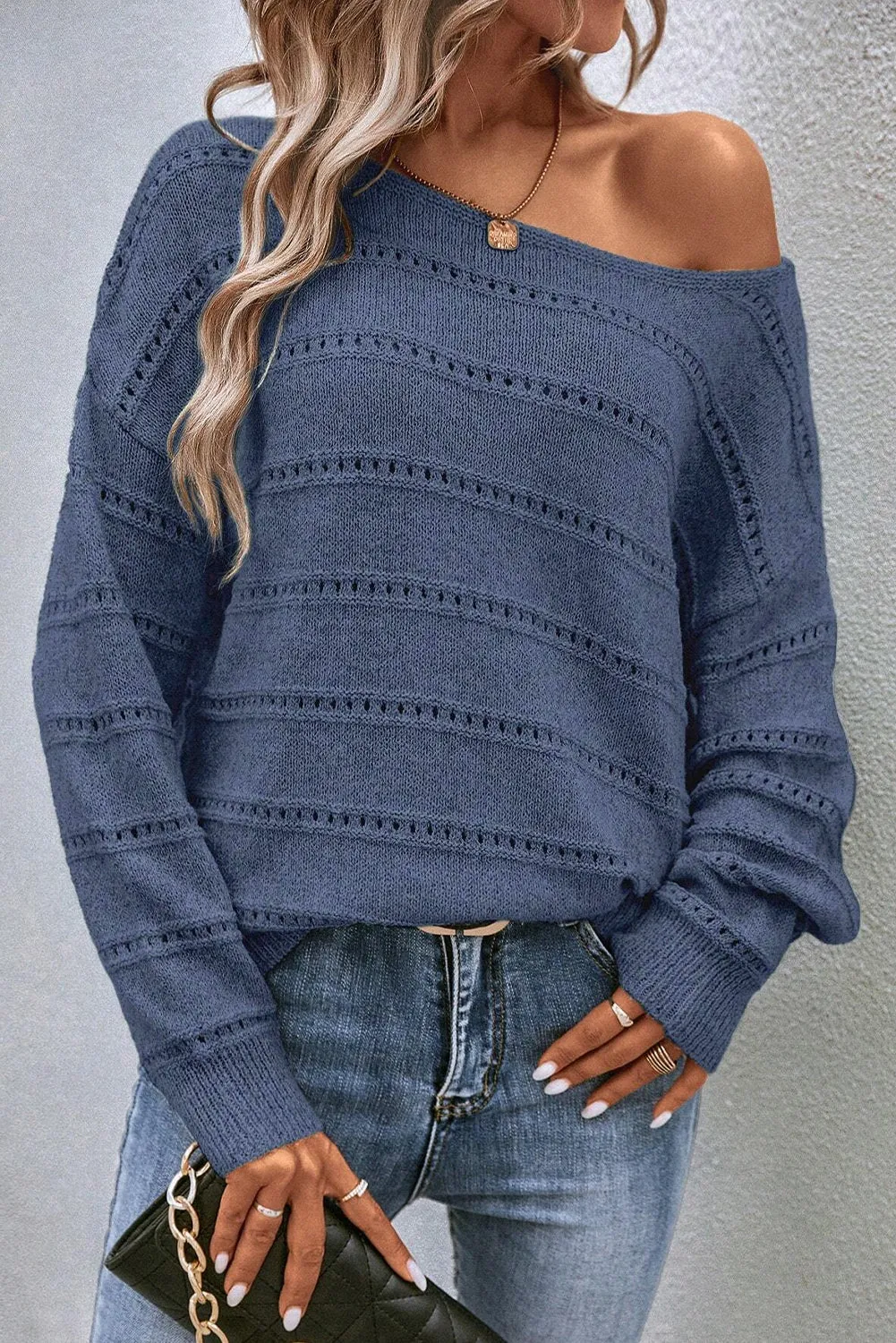 KaleaBoutique Boat Neck Drop Shoulder Pointelle Knit Sweater