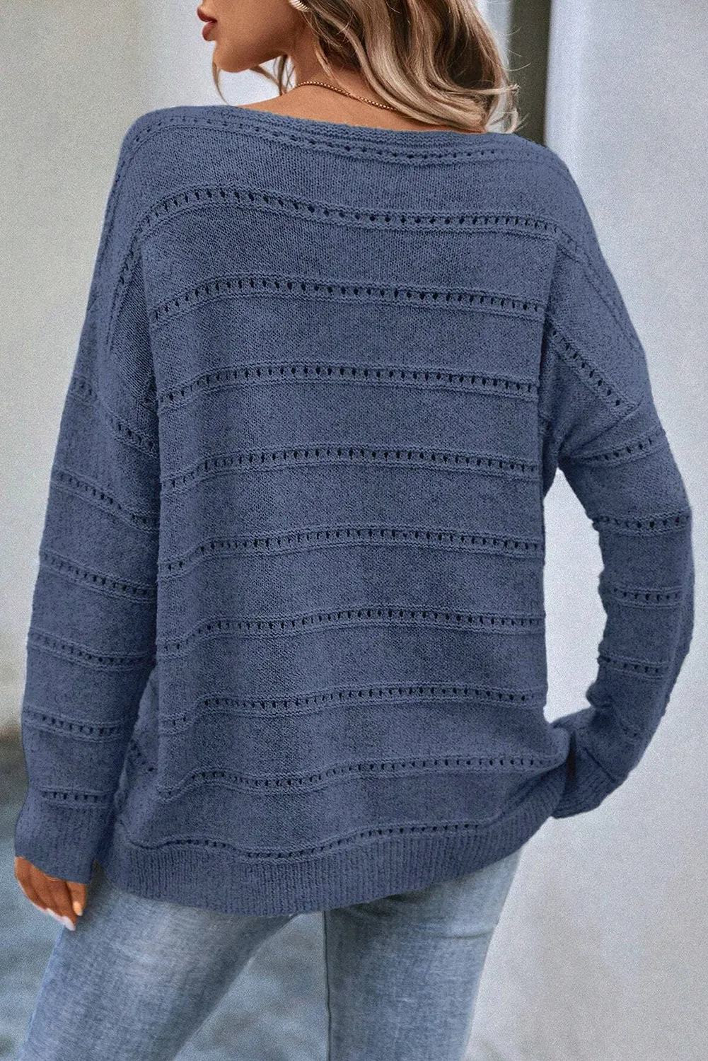 KaleaBoutique Boat Neck Drop Shoulder Pointelle Knit Sweater