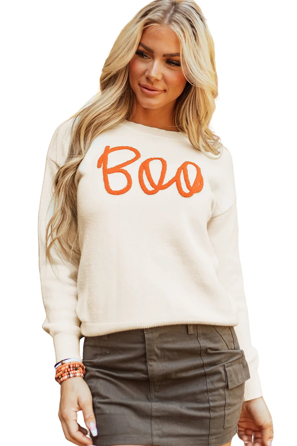 KaleaBoutique Boo Knitted Pattern Ribbed Edge Drop Shoulder Sweater