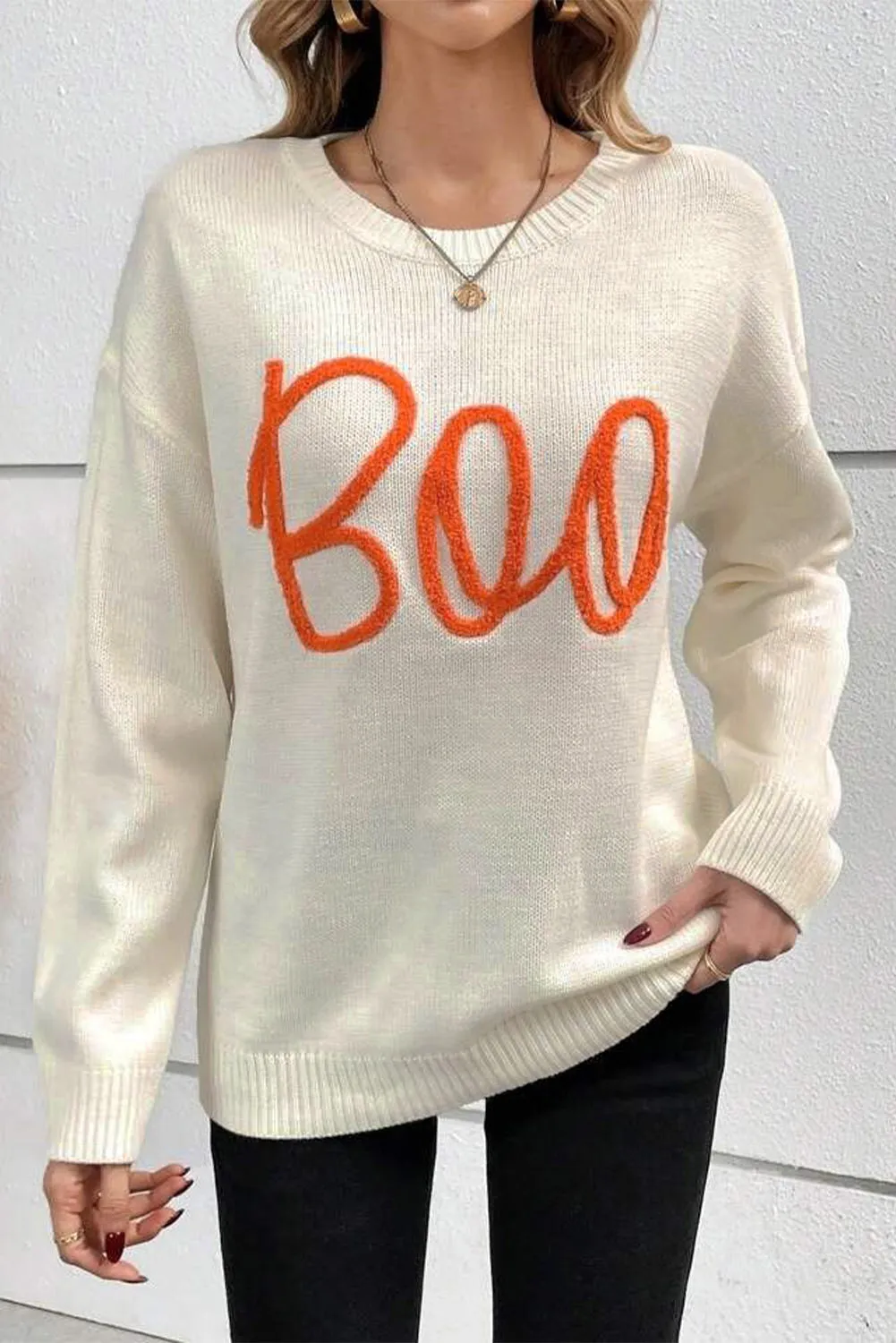 KaleaBoutique Boo Knitted Pattern Ribbed Edge Drop Shoulder Sweater