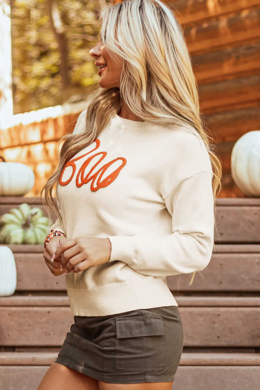 KaleaBoutique Boo Knitted Pattern Ribbed Edge Drop Shoulder Sweater