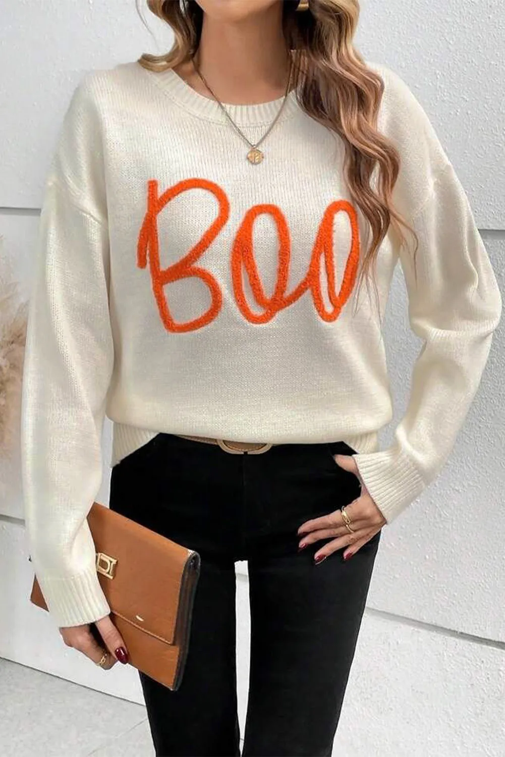 KaleaBoutique Boo Knitted Pattern Ribbed Edge Drop Shoulder Sweater