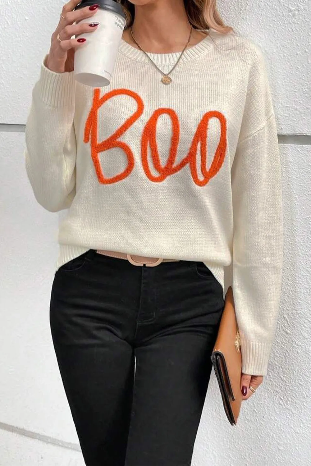 KaleaBoutique Boo Knitted Pattern Ribbed Edge Drop Shoulder Sweater