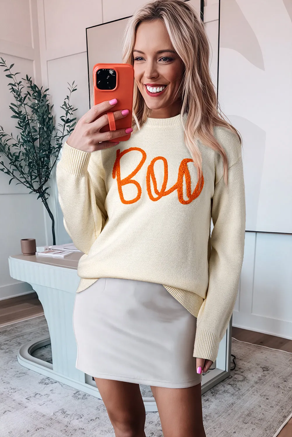 KaleaBoutique Boo Knitted Pattern Ribbed Edge Drop Shoulder Sweater