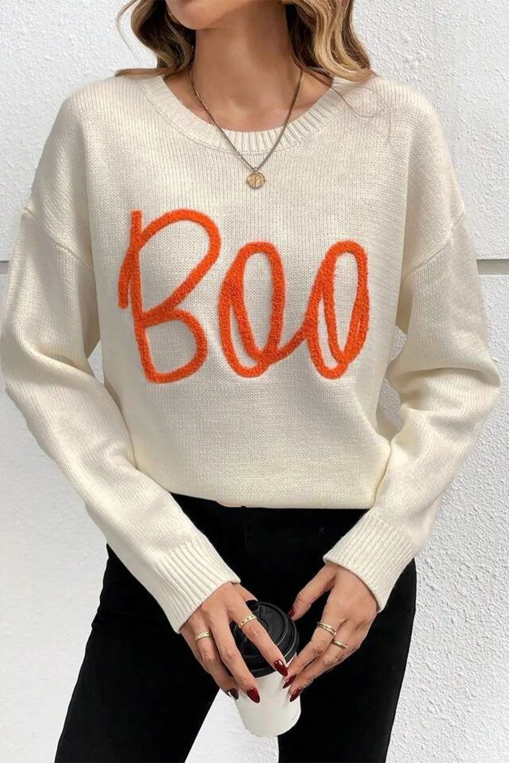 KaleaBoutique Boo Knitted Pattern Ribbed Edge Drop Shoulder Sweater