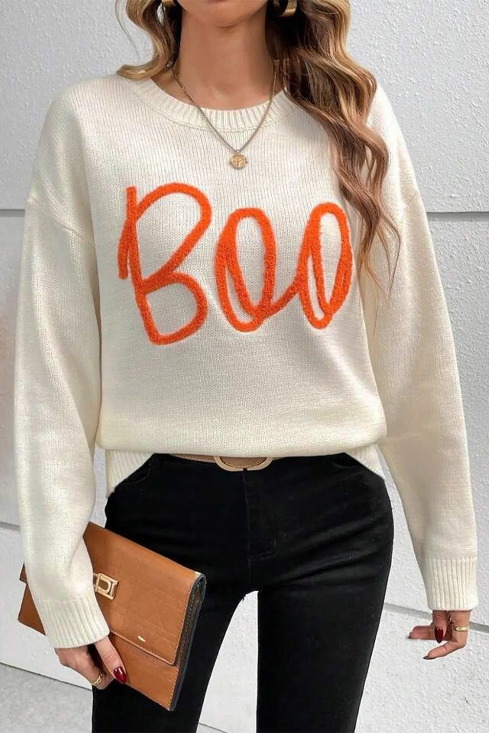 KaleaBoutique Boo Knitted Pattern Ribbed Edge Drop Shoulder Sweater