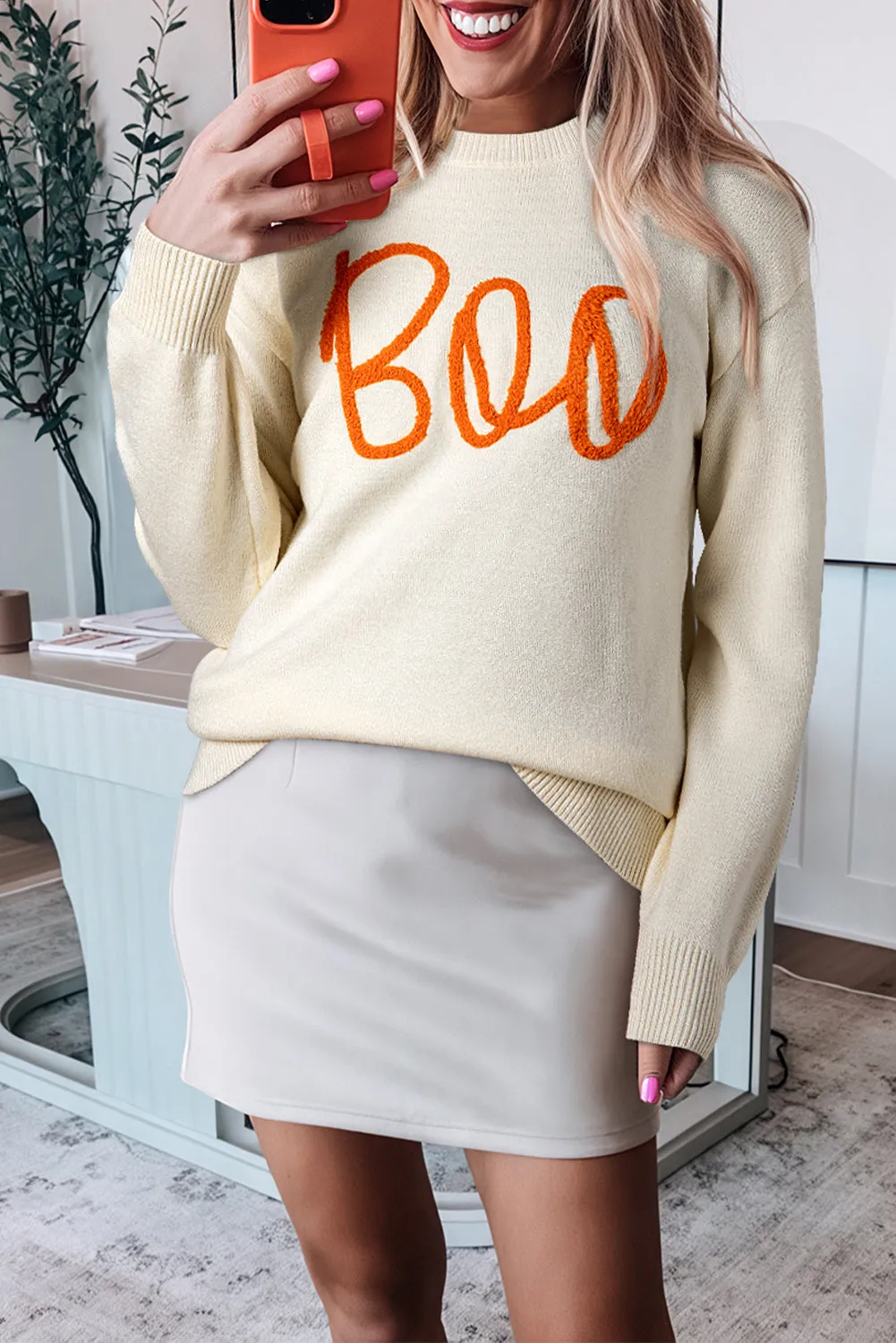 KaleaBoutique Boo Knitted Pattern Ribbed Edge Drop Shoulder Sweater