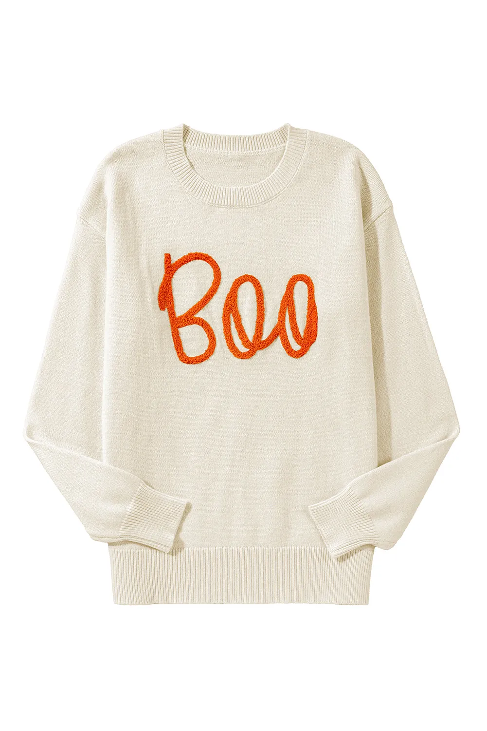 KaleaBoutique Boo Knitted Pattern Ribbed Edge Drop Shoulder Sweater