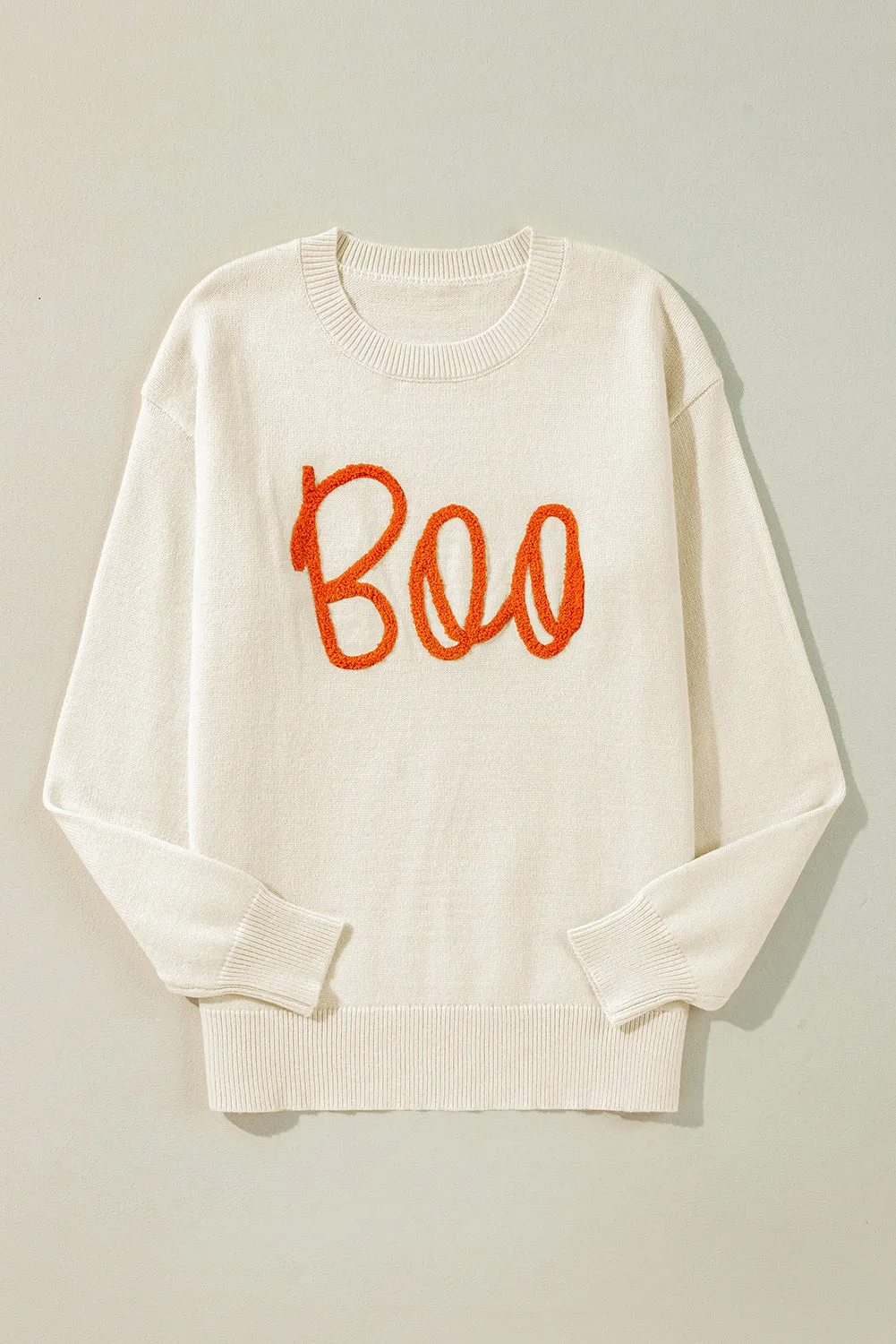 KaleaBoutique Boo Knitted Pattern Ribbed Edge Drop Shoulder Sweater